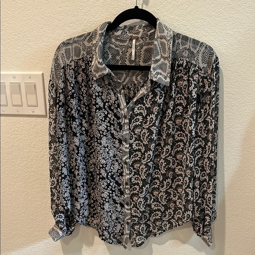 Free People Black and White Floral Blouse